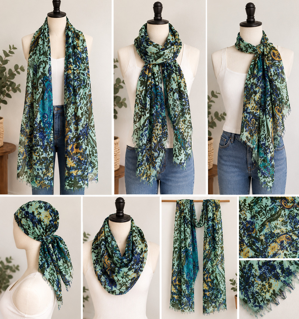 Boho Whimsigoth Mint Green Paisley Floral Scarf Cottagecore Ethereal Wrap Shawl